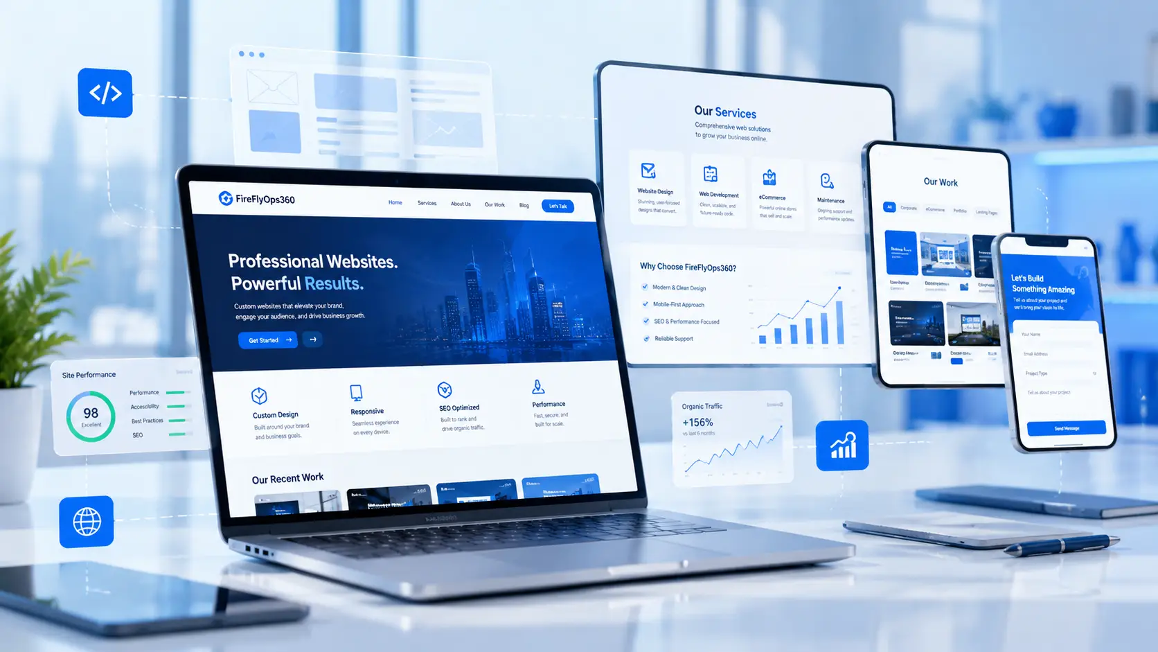 Diseño y desarrollo de sitios web profesionales con versiones para computadora, tablet y celular, acompañado de elementos de SEO, rendimiento y presencia digital.