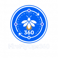 Logo de FireFlyOps360 con luciérnaga central, símbolo 360 y nombre de la marca.