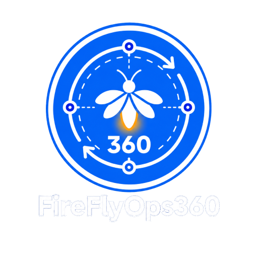Logo transparente de FireFlyOps360 con luciérnaga, símbolo 360 y nombre de la marca.