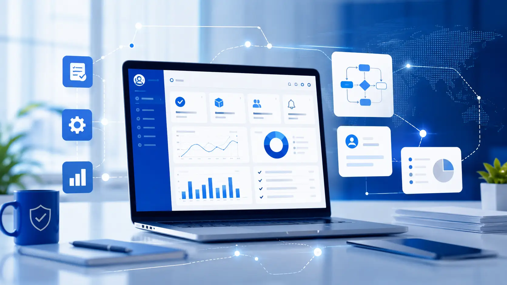 Panel digital con gráficos, módulos y flujos de trabajo que representan una solución digital para organizar y mejorar una operación empresarial.