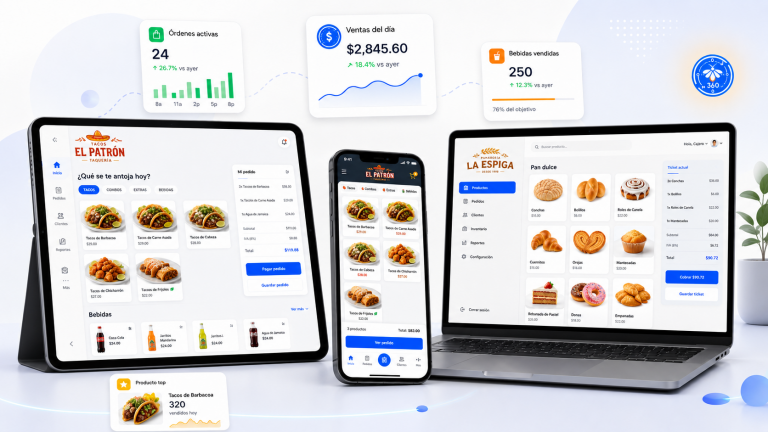 Multi-device restaurant ordering interface on tablet, phone, and laptop with menus and cart panels.