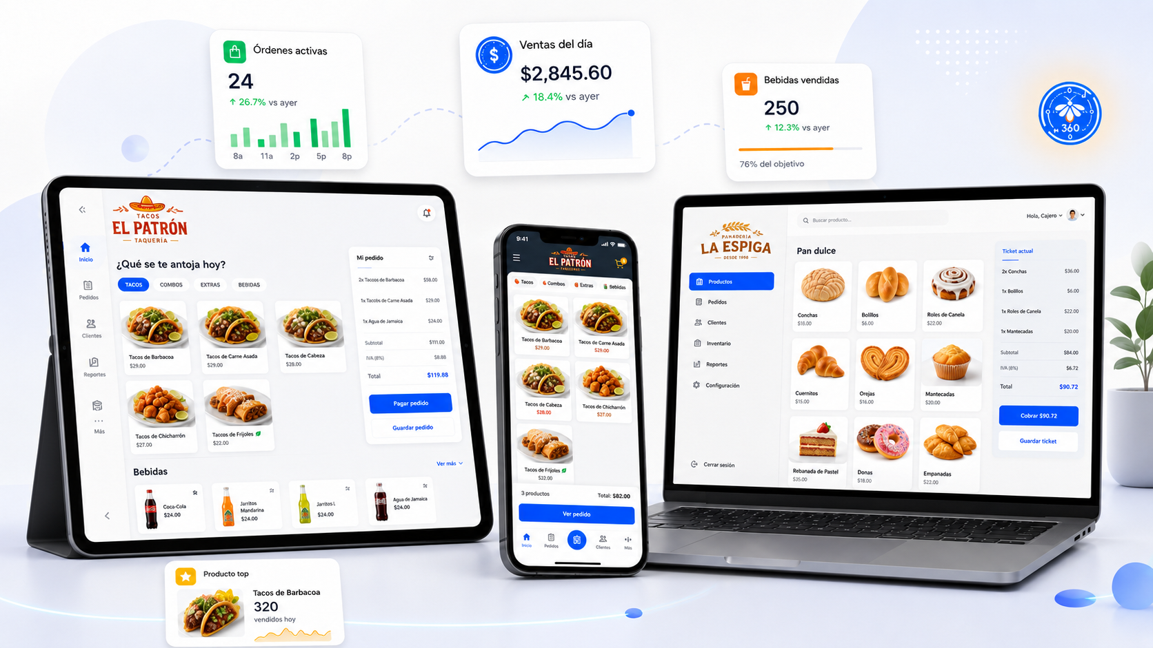 Multi-device restaurant ordering interface on tablet, phone, and laptop with menus and cart panels.
