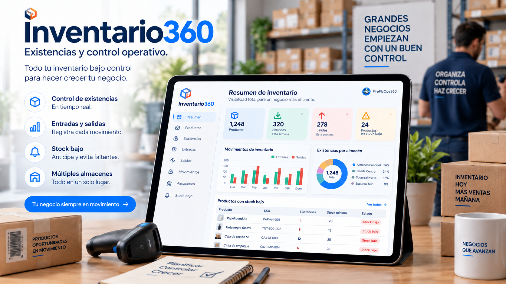 Promoción de Inventario360 con una tableta mostrando un panel de inventario, cajas de almacén, lector de códigos y mensajes sobre control de existencias, stock bajo y múltiples almacenes.