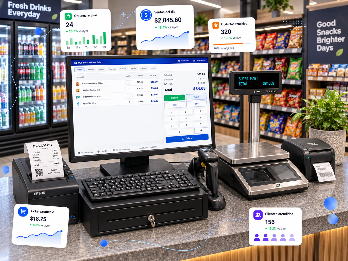 Punto de venta moderno con monitor, lector de códigos, impresora de tickets, báscula y métricas de ventas en tiempo real.