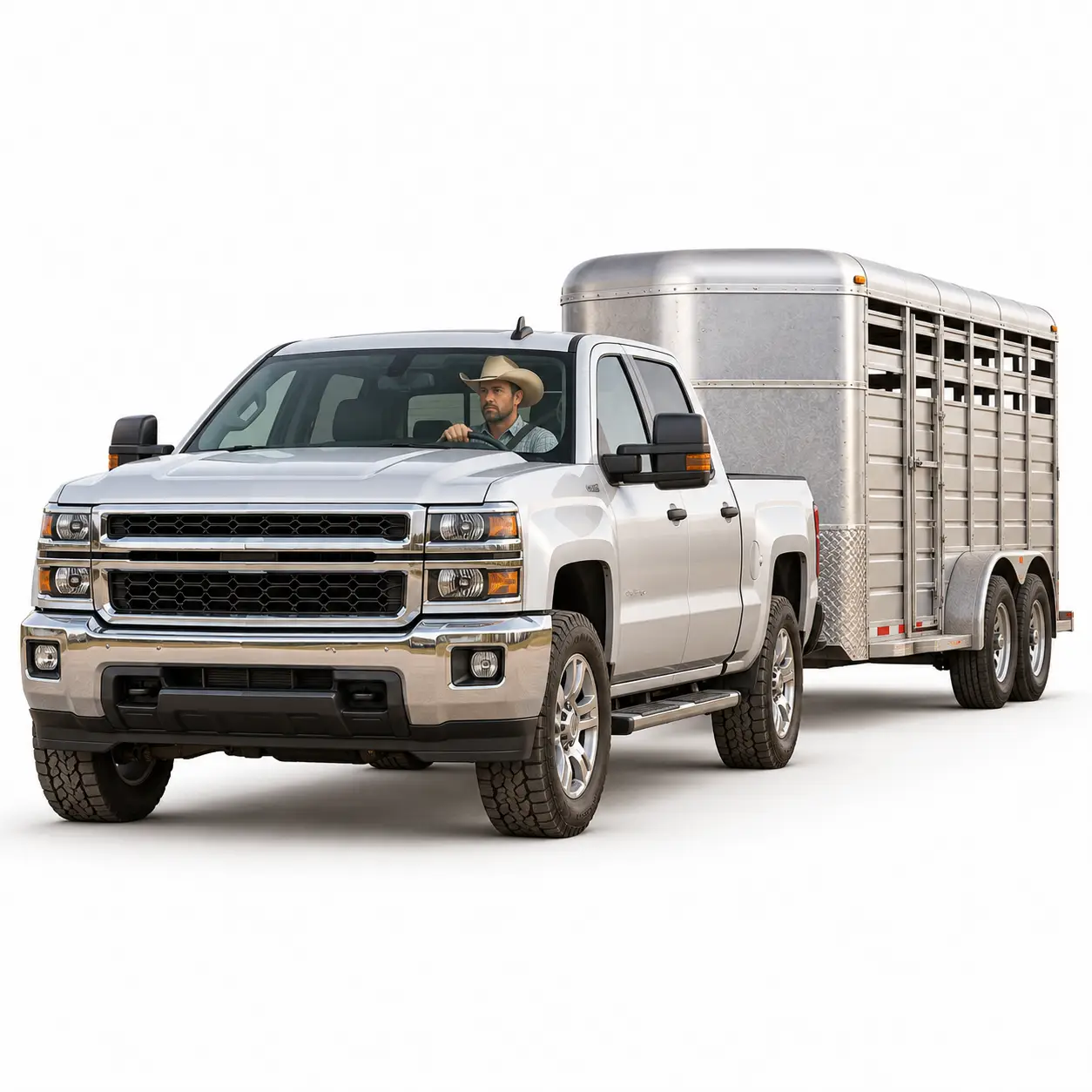 Camioneta ganadera con remolque para transporte de bovinos, conducida por un ranchero con sombrero, representando operaciones de compra, venta y traslado de ganado.