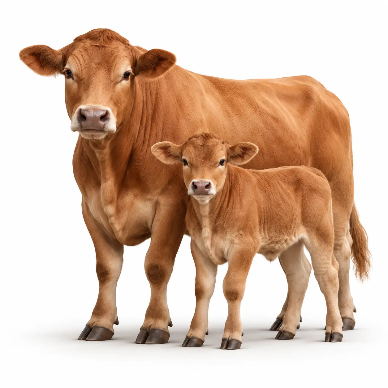 Vaca reproductora sin cuernos acompañada de su becerro, representando el control de cría, vientres, nacimientos y desarrollo del ganado en Mi Rancho.