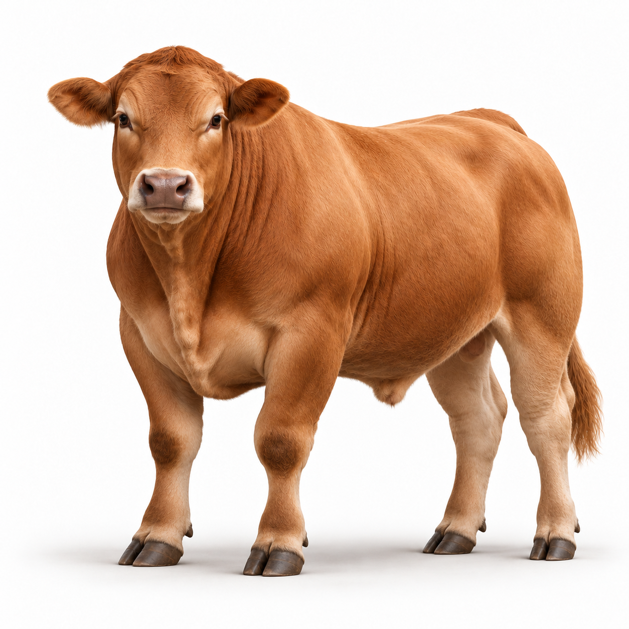 Bovino de engorda sin cuernos, de complexión robusta, que representa el control de pesajes, alimentación, tratamientos y rendimiento ganadero.