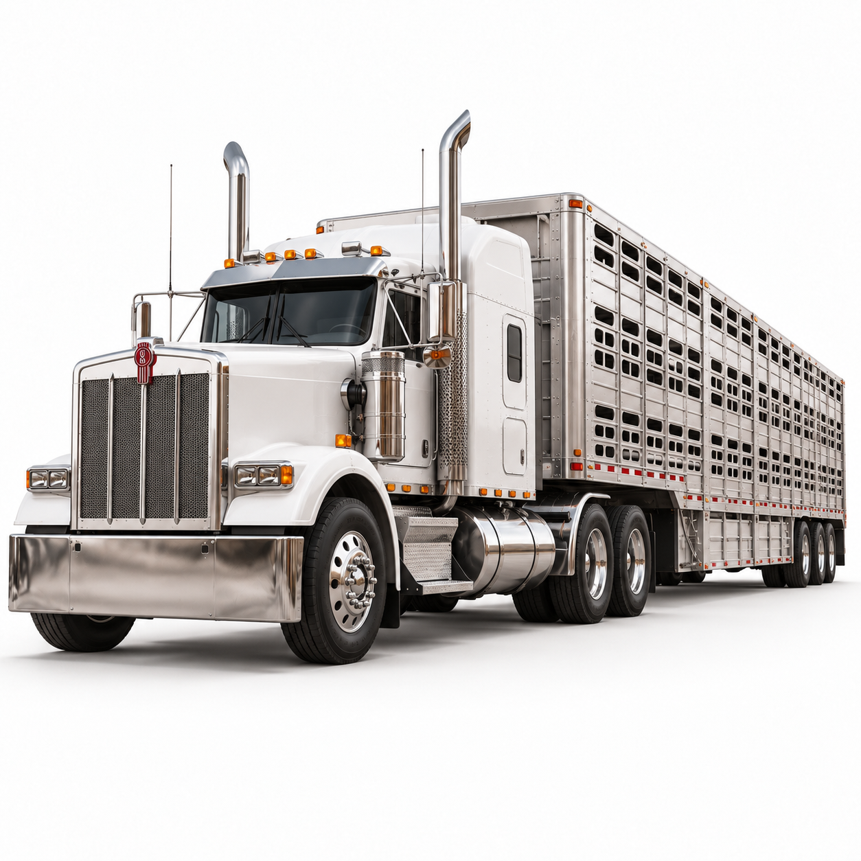 Tráiler tipo Kenworth con caja ganadera metálica para transporte terrestre de bovinos, representando la logística y documentación de exportación de ganado.