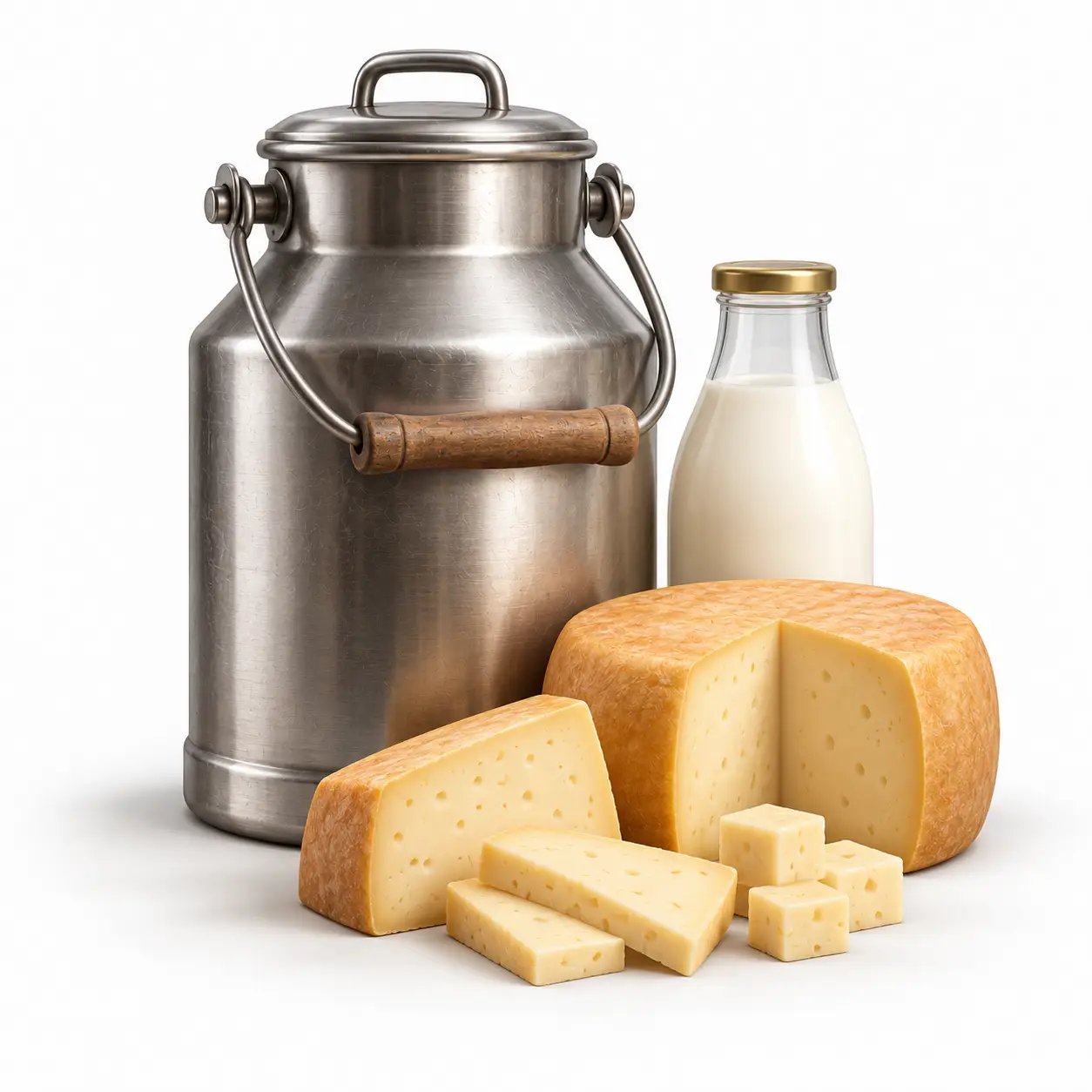 Bote de leche de acero inoxidable acompañado de quesos artesanales y una botella de leche, representando la producción láctea y sus derivados.